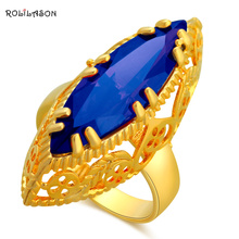 ROLILASON Royal Blue Zircon Gold Tone Engagement Fashion Jewelry for Women Luxury Rings USA Size #7#8#9#10#11 JR2138 2024 - buy cheap