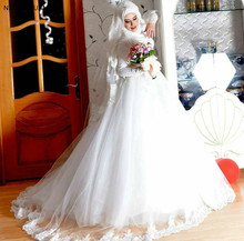 2022 New Arrival Muslim Dubai White Tulle Wedding Dresses Lace Appliques Long Sleeves Custom Made Bridal Gowns Vestidos De Novia 2024 - buy cheap