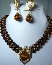 Luxurious 2 Row 8mm Natural Tiger Eye Stone Necklace Pendant Clip Earrings Set 2024 - buy cheap