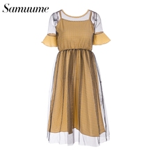 Samuume New Arrival Women Elegant Mesh Patchwork Midi Dresses Short Sleeve O-Neck Plaid Dress Ladies Summer Dress 1807033 2024 - buy cheap