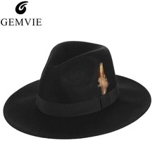 Black Vintage Wool Fedora Hats For Men Wide Brim Feather Decorative Church Hat Male Jazz Cap Panama Hat 2024 - buy cheap