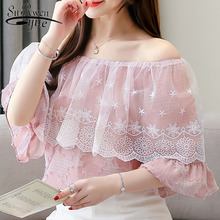One shoulder sweet chiffon printing women shirt tops Lace short shirt female 2019 fashion summer new lace short-sleeve  3549 50 2024 - buy cheap