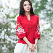 Женская рубашка, винтажная, хлопковая, красная, с вышивкой в стиле ретро TA1579 2024 - купить недорого