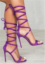 Newest Strap Cross Suede Stiletto Heel Gladiator Sandals Lace-up Purple High Heel Sandals Formal Dress Heels Evening Shoes 2024 - buy cheap