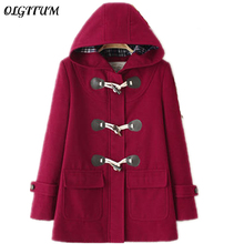 Casaco de lã com capuz, jaqueta, casaco longo com botão de chifre, folgado, quente e forrado 2024 - compre barato