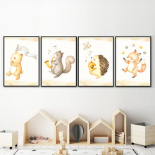 Urso raposa esquilo ouriço arte da parede pintura da lona dos desenhos animados nordic posters e cópias fotos de parede para quarto das crianças decoração 2024 - compre barato