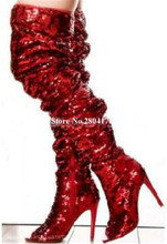 Шикарные Модные женские сапоги-гладиаторы выше колена с открытым носком и блестками на тонком каблуке; цвет синий, черный, красный; блестящие высокие сапоги на высоком каблуке 2024 - купить недорого