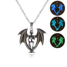 Men's Skull Wing Luminous pendant Necklace Glow In The Dark Silver Plated Vintage Punk Skeleton Necklaces Jewelry Gift For women 2024 - buy cheap