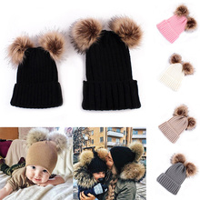 Cute Winter Mom Women Baby Kids Crochet Knitted Hat Caps Children Girl Boy Wool Fur Bobble Ball Pompom Beanies Hats pompom 2024 - buy cheap