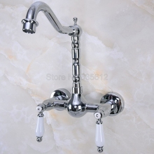 Polished Chrome Swivel Spout Bathroom Basin Faucet / Wall Mounted Dual Handles Vessel Sink Mixer Taps tnf960 2024 - buy cheap