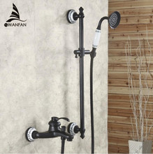 Banheira torneiras de bronze dupla alça bath & shower faucet wall mounted petróleo friccionada bronze guindaste para banho com chuveiros de mão SY-013R 2024 - compre barato