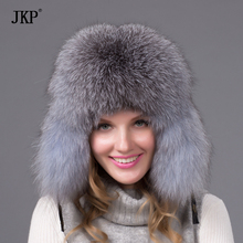 Chapéu de pele de inverno feminino, chapéu de pele de raposa verdadeira com couro da moda russa, boné bomber quente de luxo e de boa qualidade 2024 - compre barato