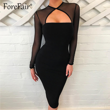 Forefair 2018 Spring Patchwork Mesh Long Sleeve Mid Dress Women Sexy Club Hollow Out Chest Bodycon Party Dresses Black Vestido 2024 - buy cheap