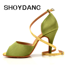 SHOYDANC-zapatos de baile de Salsa para mujer, calzado de satén verde claro con tacón de 6-10cm, para salón de baile latino, nuevo estilo 2024 - compra barato