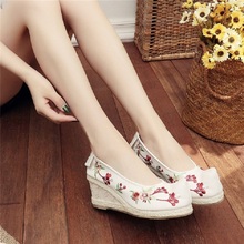 Spring Autumn New Women Pumps China Styles Wedges Heels Pointed Toe Shallow Embroider Flowers Canvas Ladies Casual Shoes 0502 2024 - buy cheap