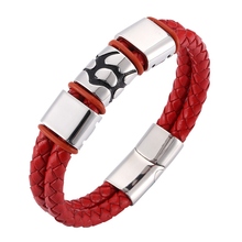 Casual Men's Accessories Red Braided Leather Bracelet Men Jewelry Trendy Stainless Steel Punk Wristband Magnetic Clasps SP0102 2024 - buy cheap