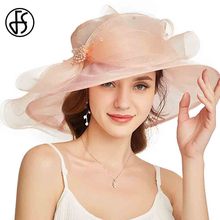 Fs 2019 verão organza grande borda larga igreja chapéu para mulher elegante rosa senhoras kentucky derby boné floppy arco fedora chapéus de sol 2024 - compre barato