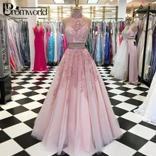 Two Pieces Pink Prom Dresses 2021 Ball Gown High Collar Appliques Lace Beaded Tulle Long Prom Gown Evening Party Dresses 2024 - buy cheap