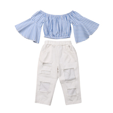 2 pçs da criança dos miúdos da menina do bebê listrado roupas de verão meninas babys algodão blusa topos + rasgado calças conjuntos roupas 2024 - compre barato