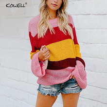 Элегантный женский зимний осенний вязаный свитер с длинным рукавом, три цвета, в стиле пэчворк, Свободный пуловер, свитер, повседневный Топ, женские свитера 2024 - купить недорого