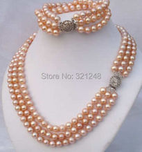 3Rows 7-8mm 2014 charming free shipping Pink Akoya Pearl Necklace Bracelet Set BV465 2024 - buy cheap