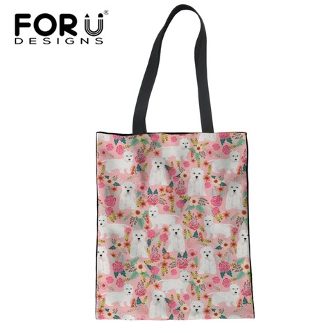 FORUDESIGNS Women Canvas Handbag Westie Floral Printed Female Shoulder Bag Ladies Beach Bag Women Canvas Tote Shopping Handbags 2022 - buy cheap