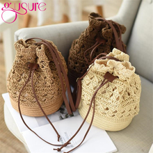 Gusure Trendy Hot Crochet Hollow Bucket Crossbody Bag Summer Holiday Girls Shoulder Bags Travel Straw Drawstring Casual Handbag 2024 - buy cheap