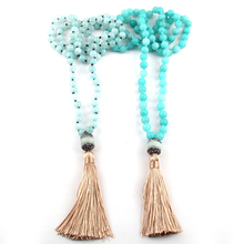 Fashion 8mm Blue Natural Semi Precious Stone with Crystal Pave Stone Link Tassel charm Pendant Handmade Necklace Women Jewelry 2024 - buy cheap