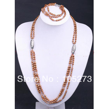 Conjunto de joias de pérolas marrom, conjunto de joias com vários fios de pérola de água doce e pulseira 6-7mm moldador de arroz 2024 - compre barato
