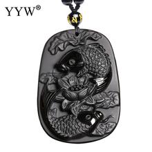 Wholesale Carving Chinese Black A Natural Obsidian Carved Fish Lotus Black Obsidian Necklace Pendant Men Jewelry Drop Shipping 2024 - buy cheap