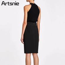 Artsnie Black Casual High Waist Split Summer Skirt Women Knee Length Cotton Sashes Bow Elegant OL Work Sexy Skirts Femme 2018 2024 - buy cheap