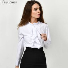 Camisa blanca con volantes para mujer, blusa informal de manga larga con cuello redondo, de oficina, de madera, para primavera y otoño 2024 - compra barato