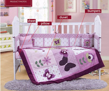 7PCS embroidery purple Baby Bedding Set Colorful Baby Bed Bumper 100% Cotton Cot Bedding,include(bumper+duvet+sheet+pillow) 2024 - buy cheap