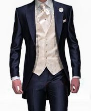 2017 Latest Coat Pant Designs Italian Navy Blue Pattern Satin Men Suit Slim Fit 3 Piece Tuxedo Custom Prom Suits Terno Masculino 2024 - buy cheap