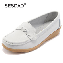 New Nurse Mother's Casual Shoes  Shallow Mouth Genuine Leather Shoes For Women Slip-On Wedges Work White Shoes Woman Size 34-40 2024 - buy cheap