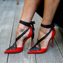 Zapatos de tacón alto y fino con cinta de ante rojo y negro, puntiagudas con correa cruzada, con cordones, Nubuck, elegante 2024 - compra barato