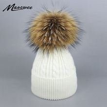 Woman Winter Twist Hats Wool Real Raccoon Fur Pom Pom Stripe 2018 Autumn Winter Women'S Knitted Hat Female Skullies Beanies 2024 - buy cheap