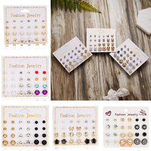 12 pairs/set of Pearl Flowers Bow Zircon Card Earrings Simple Fashion Multilayer Geometric Stud Earrings For Women Girls Jewelry 2024 - buy cheap