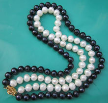 Collar de perlas blancas y negras TAHITIAN de 17-18 ", 2 filas de 7-8mm AA +, regalo para mujer 2024 - compra barato
