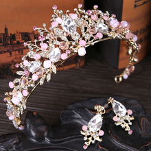 Alloy Handmade Beaded Pink Crystal Tiara Gold Wedding Crown Baroque Rhinestone Headpiece Bride Hair Accessories Earrings Jewelry 2024 - buy cheap