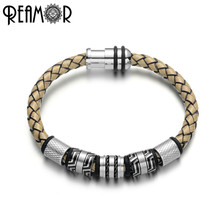 Pulseira masculina reamor, bracelete vintage cinza de couro trançado com punho em aço inoxidável cor preta 2024 - compre barato