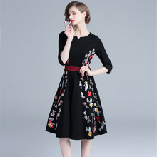 JSXDHK High Quality Women Black Hit Color Ball Gown Dress Vintage Women Embroidery Floral O Neck Dress Casual Slim Vestidos 2024 - buy cheap