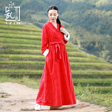 LZJN Red Maxi Winter Dress Long Sleeve V-Neck Pleated Waist Belt Vintage Robe A Line Ethnic Chinese Warm Black Fleece Dress 2019 2024 - buy cheap