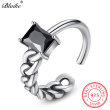 Blaike-anillos de apertura de Aguamarina cuadrados para hombre y mujer, anillo de piedra de nacimiento ajustable, cadena de plata de circón 925, estilo bohemio, negro/azul, Tailandia 2024 - compra barato