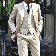 Custom Made Groomsmen Beige Groom Tuxedos Peak Lapel Men Suits Wedding Best Man Blazer ( Jacket+Pants+Vest+Tie ) C451 2024 - buy cheap