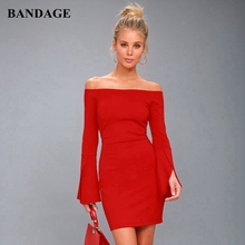 Summer Red Off Shoulder Bandage Dress Women Flare Sleeve Slash Neck Mini Outfits Celebrity Party Club Vestidos New 2024 - buy cheap