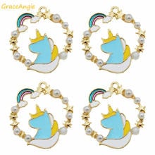 GraceAngie 8pcs Blue Enamel Unicorn With Pearl charms Golden Base Pendant Jewelry Necklace Making Bracelet Craft Findings 2024 - buy cheap