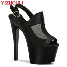 Black mesh heels, sexy and elegant open-toe 17cm high heels, club pole dancing sandals 2024 - buy cheap