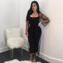 Sexy Black Beading Two Piece Bandage Dress Long Sleeve Pearl Embellished V Neck Spaghetti Strap Sleeveless Midi Dress Set 2024 - buy cheap