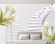 Beibehang papel de parede personalizado 3d mural fotografia decoração pintura 3d escada estéreo borboleta cor escultura tulipa fundo tv 2024 - compre barato